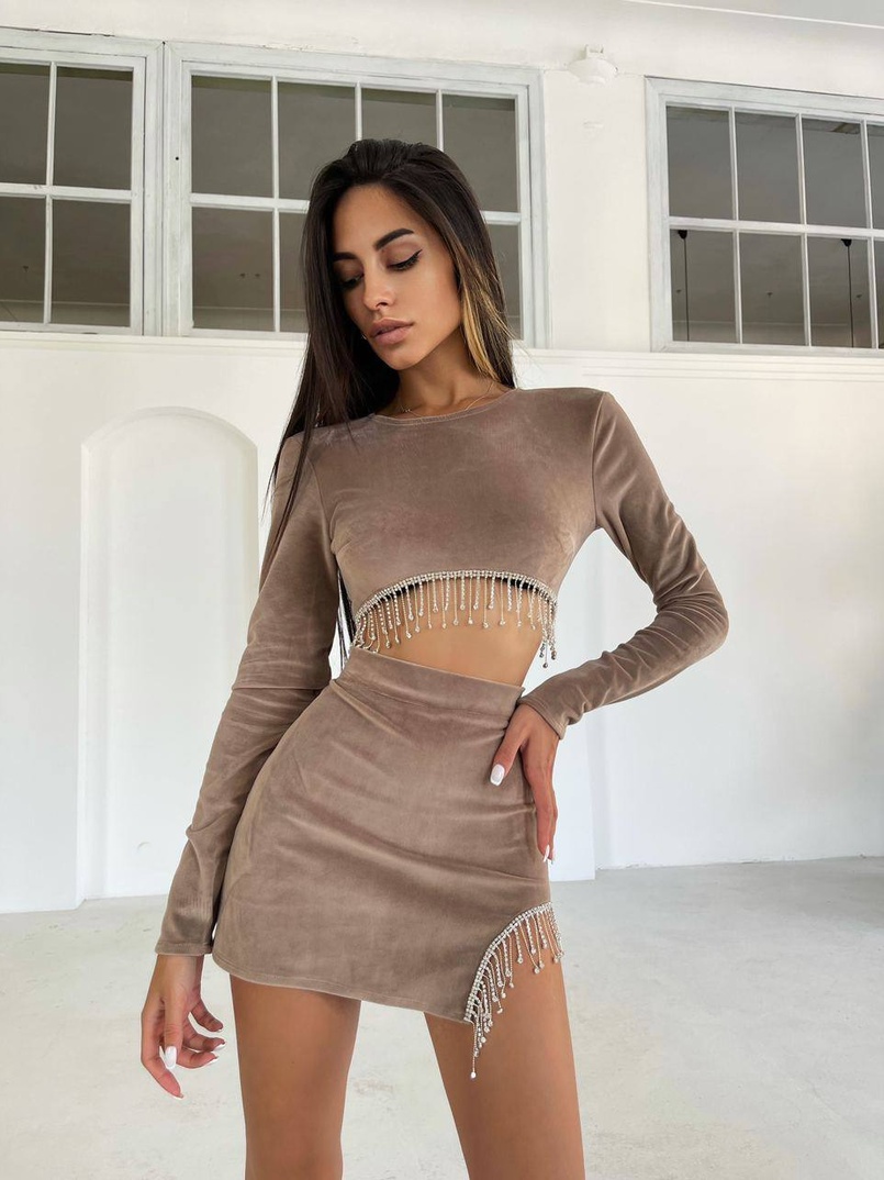 Оксамитовий комплект, декорований бахромою зі страз Оксамитовий комплект, декорований бахромою зі страз | PUSHKA SHOP