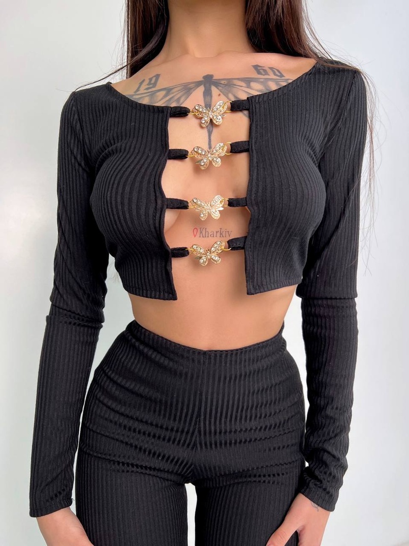 Комплект : штани кльош і топ , декорований метеликами Комплект : штани кльош і топ , декорований метеликами | PUSHKA SHOP