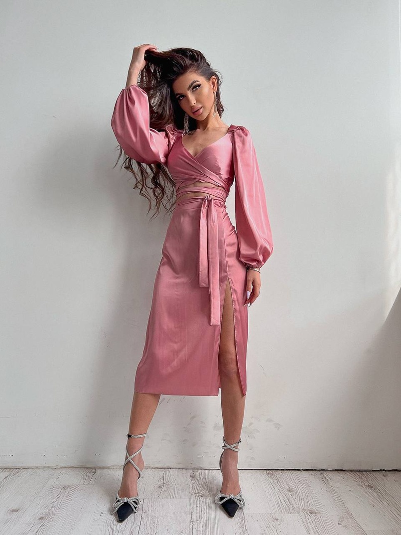 Шелковый комплект: топ с завязками на талии + юбка миди с разрезом  | PUSHKA SHOP