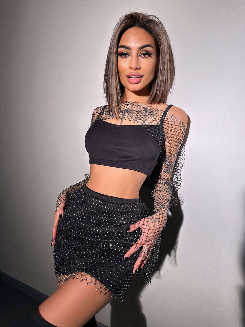 Комплект: топ + спідниця із сіткою зі стразами Комплект: топ + спідниця із сіткою зі стразами | PUSHKA SHOP