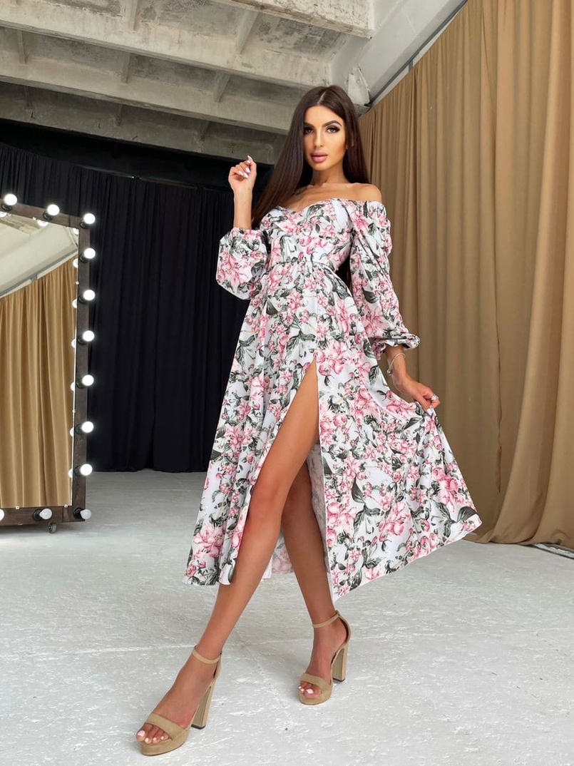 Цветочное платье-миди с разрезом  | PUSHKA SHOP