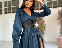 Шелковое платье  с разрезом  + корсет из эко-кожи | PUSHKA SHOP