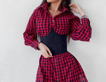 Платье-рубашка в клетку с корсетом на косточках со шнуровкой Платье-рубашка в клетку с корсетом на косточках со шнуровкой | PUSHKA SHOP