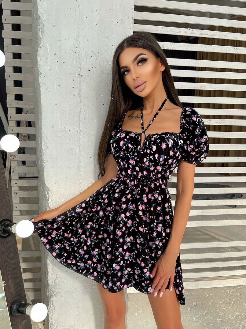 Летнее цветочное платье с завязками на груди  | PUSHKA SHOP