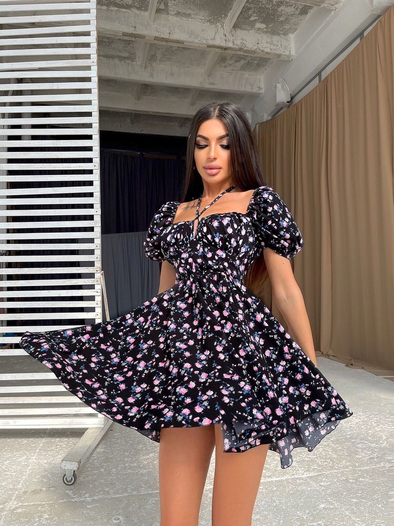 Летнее цветочное платье с завязками на груди  | PUSHKA SHOP