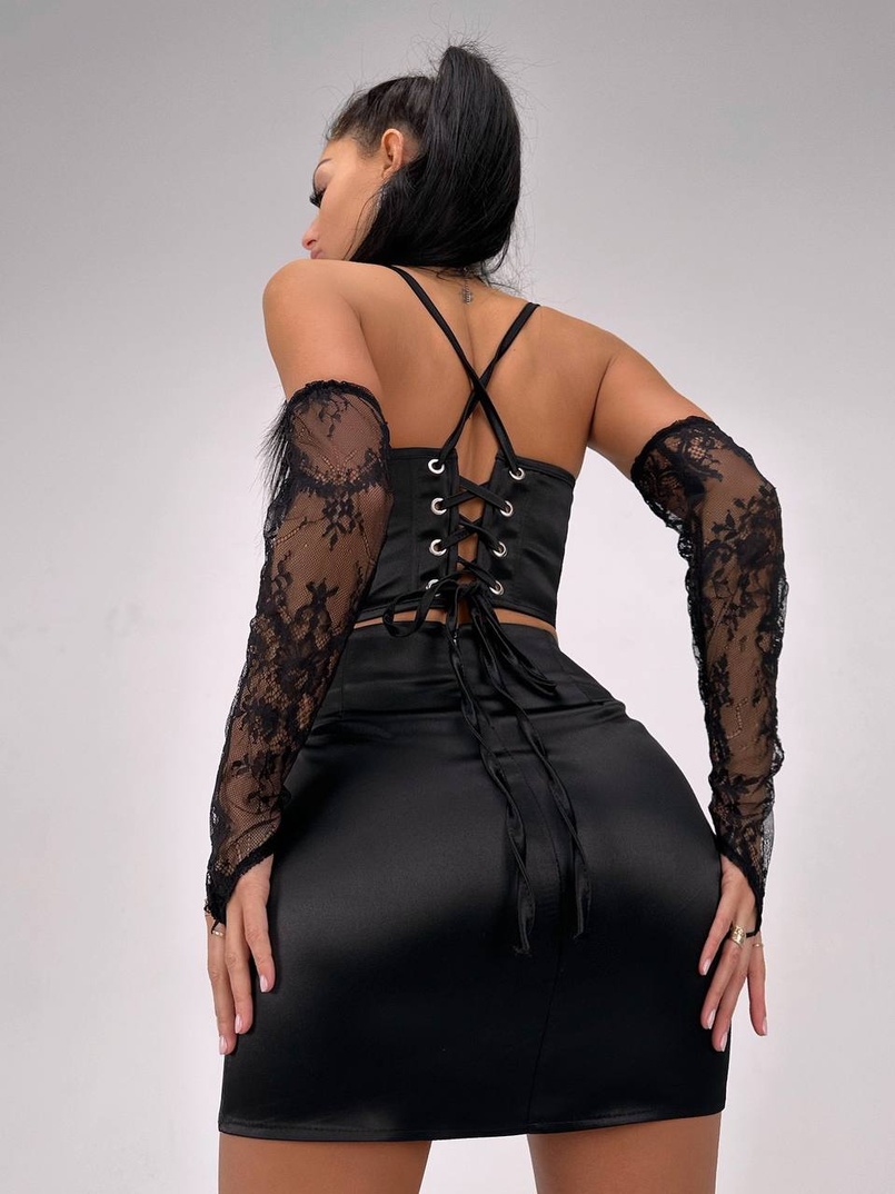 Комплект: корсет, декорований мереживом   + рукавички+ спідниця міні з драпіруванням   | PUSHKA SHOP