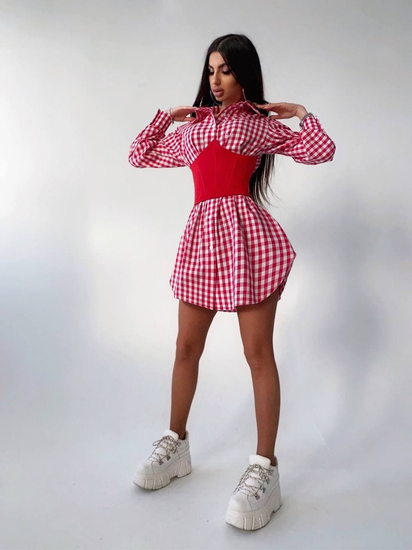 Платье-рубашка в клетку с корсетом на косточках со шнуровкой Платье-рубашка в клетку с корсетом на косточках со шнуровкой | PUSHKA SHOP