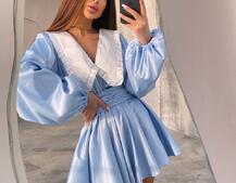 Сукня з коміром та об'ємними рукавами з широким поясом | PUSHKA SHOP