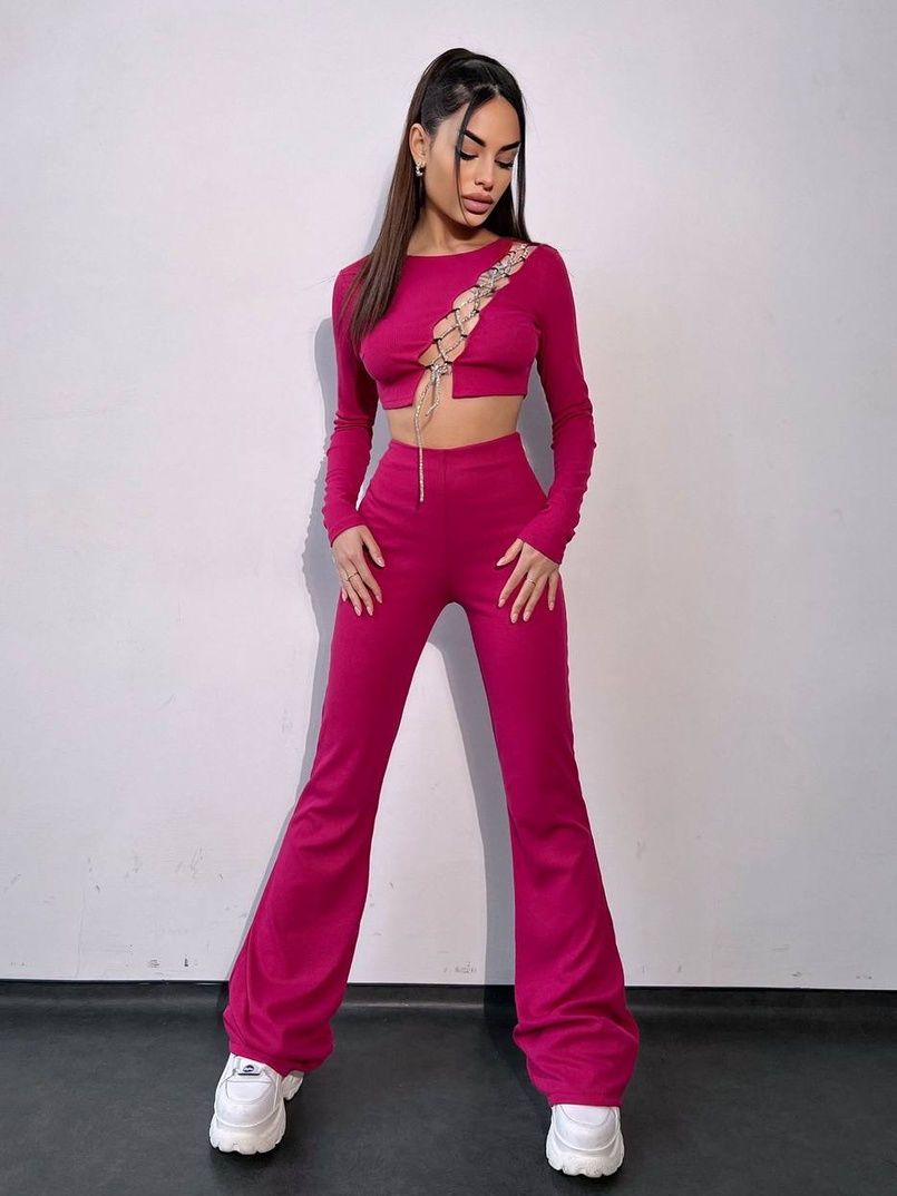 Комплект : штани кльош і топ декорований шнурком зі стразами  | PUSHKA SHOP