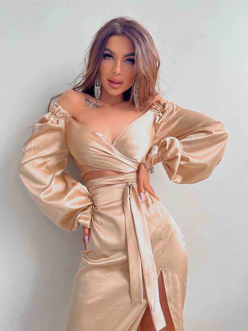 Шелковый комплект: топ с завязками на талии + юбка миди с разрезом  | PUSHKA SHOP