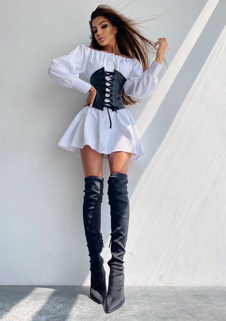 Приталена сукня-сорочка на плічках з корсетом з еко-шкіри | PUSHKA SHOP