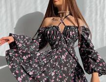 Цветочное платье с пышной юбкой и завязками на груди  Цветочное платье с пышной юбкой и завязками на груди  | PUSHKA SHOP