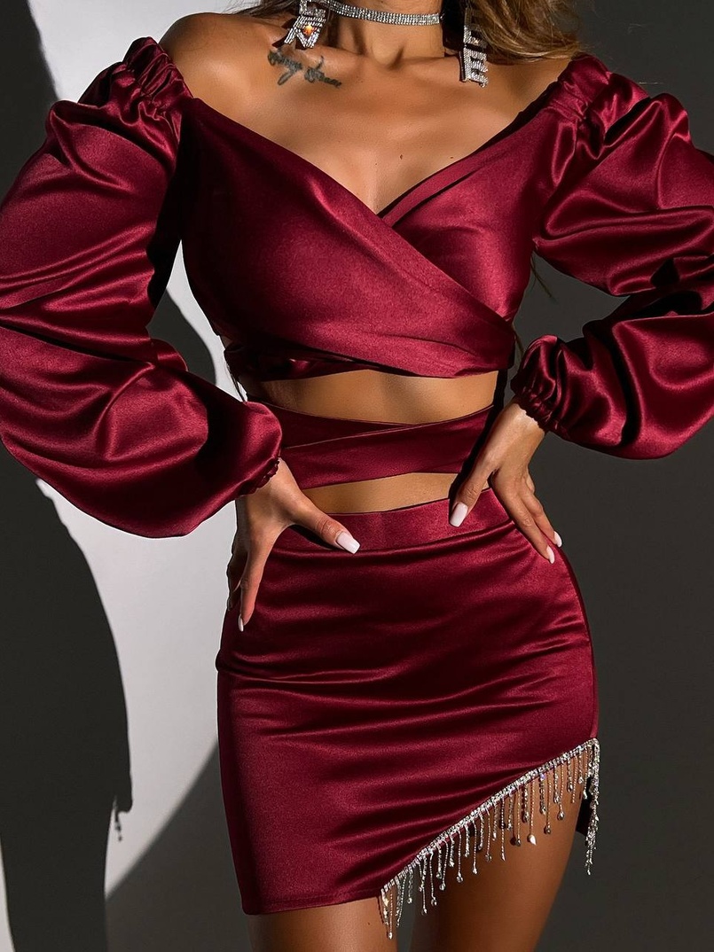 Атласний комплект, бахромою зі стразами  Ручна робота, прикраса пришита  | PUSHKA SHOP