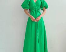 Льняное платье-миди с запахом и объемными рукавами  | PUSHKA SHOP