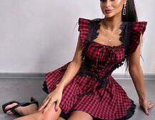 Сукня в клітинку декорована мереживом  | PUSHKA SHOP