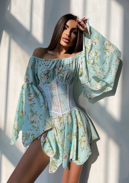 Сукня асиметричного крою з розкльошеними рукавами + корсет декорований стразами Ручна робота | PUSHKA SHOP