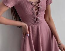 Трикотажное платье-мини со шнуровкой на груди  | PUSHKA SHOP