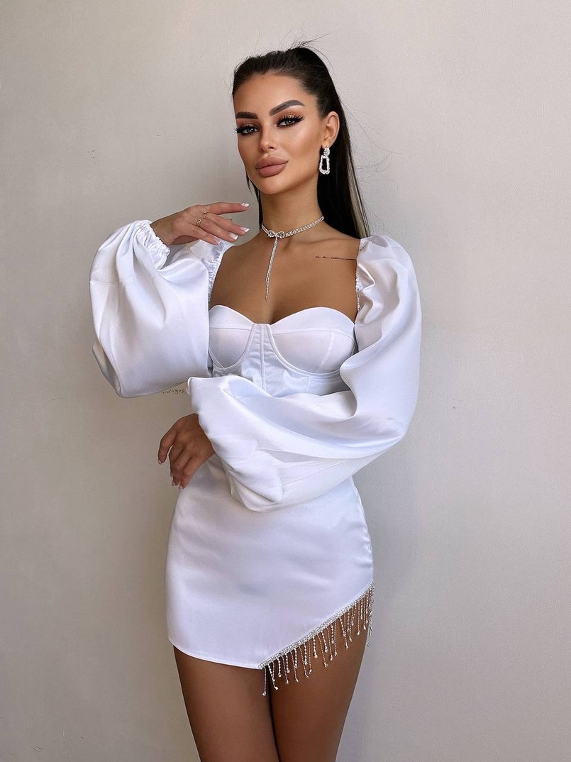 Атласний  комплект: корсет + спідниця декорована бахромою зі страз | PUSHKA SHOP