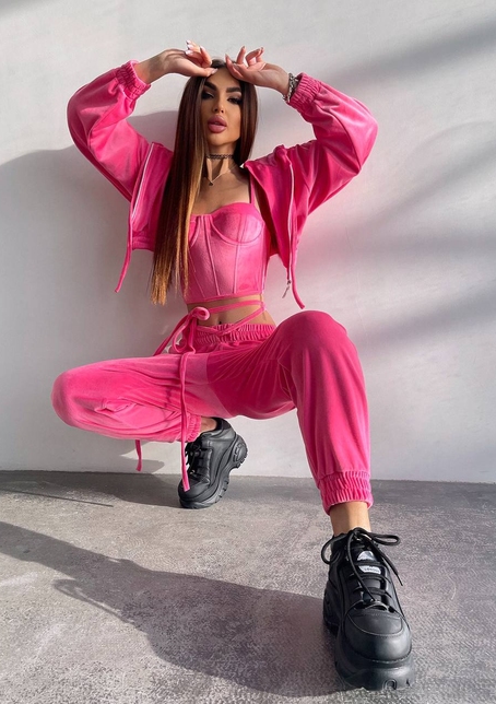 Велюровий комплект трійка: кофта + корсет з чашечками + джогери  | PUSHKA SHOP