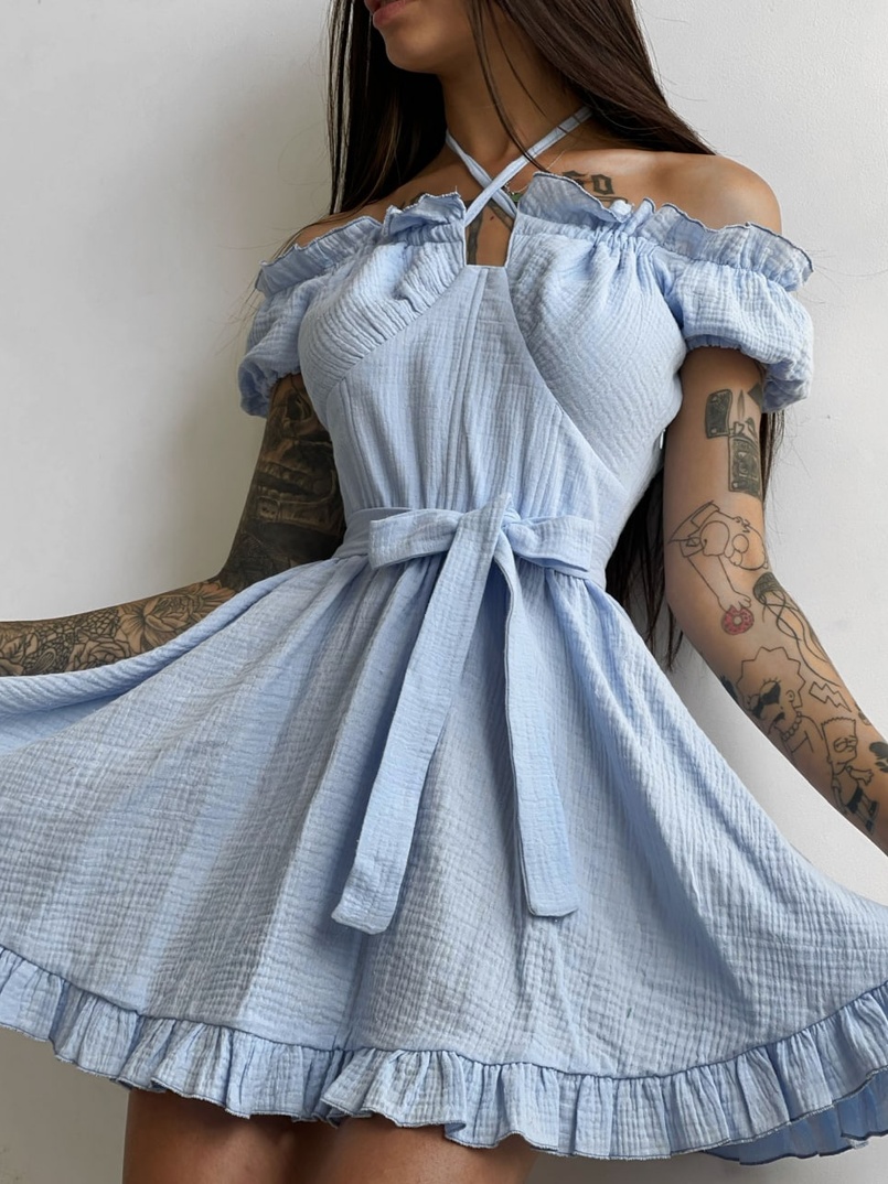 Муслиновое платье мини с корсетной вставкой на талии с косточками  | PUSHKA SHOP