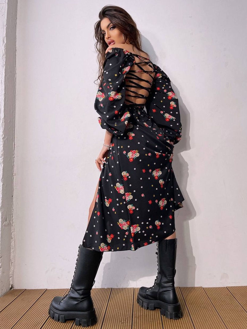 Квіткова сукня-міді зі шнурівкою на спинці та розрізом на ніжці | PUSHKA SHOP