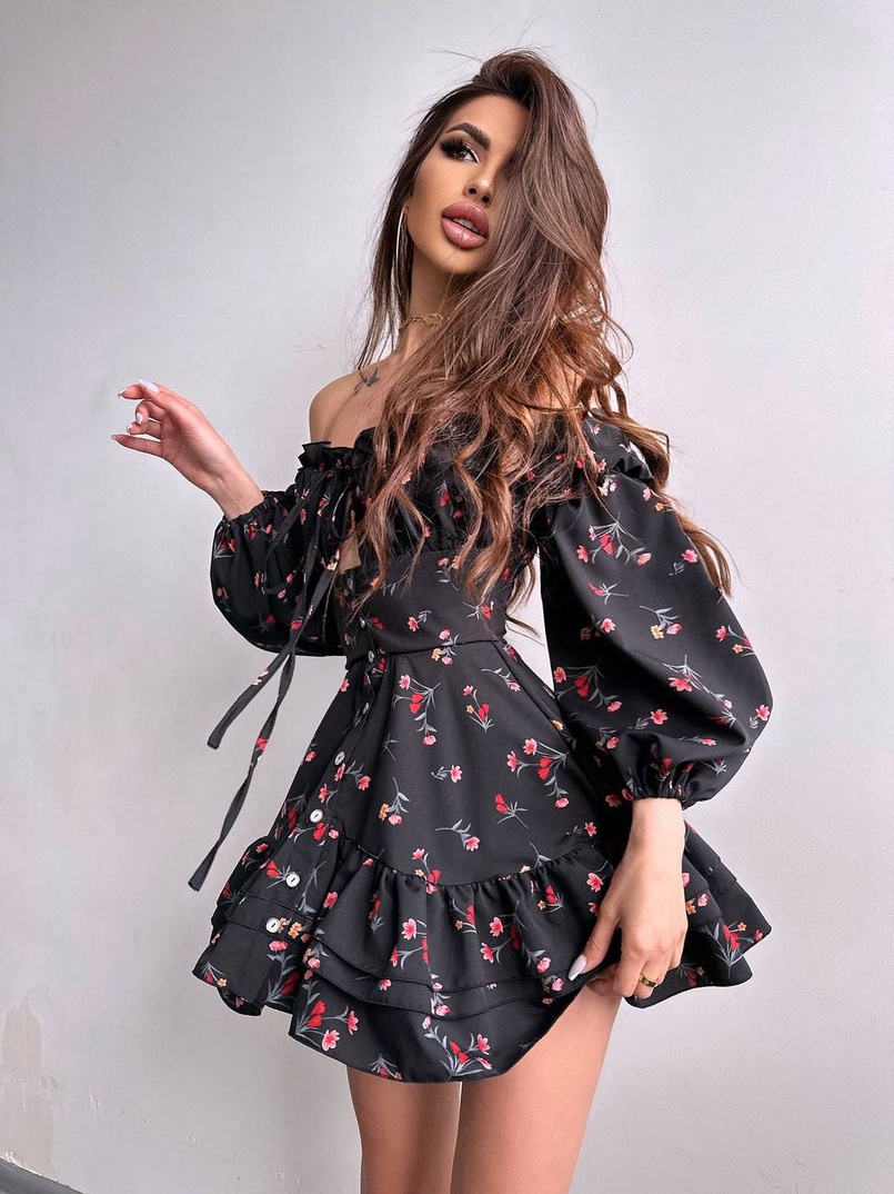 Сукня з квітковим принтом з воланами на ґудзиках  | PUSHKA SHOP