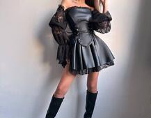 Корсетна сукня з еко-шкіри з мереживними рукавами | PUSHKA SHOP