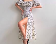 Сукня міді з розрізом в квітковий принт + прозорий корсет Сукня міді з розрізом в квітковий принт + прозорий корсет | PUSHKA SHOP