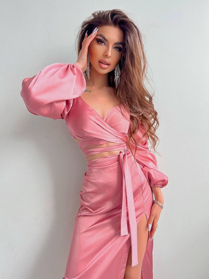 Шелковый комплект: топ с завязками на талии + юбка миди с разрезом  | PUSHKA SHOP