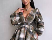 Сукня з подвійною спідницею та обʼємними рукавами у клітинку Сукня з подвійною спідницею та обʼємними рукавами у клітинку | PUSHKA SHOP