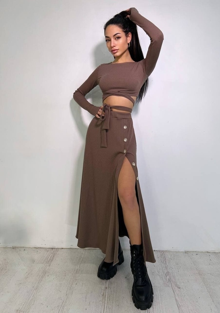 Трикотажный комплект: юбка  миди с разрезом + топ с завязками на талии  | PUSHKA SHOP