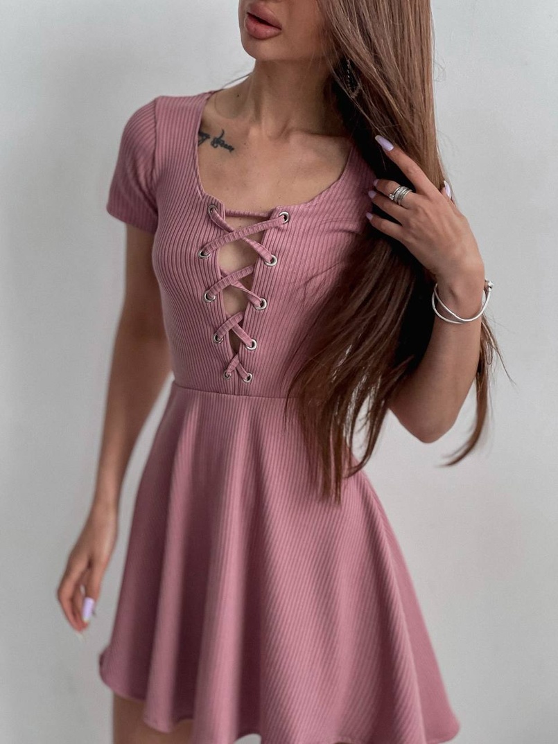 Трикотажное платье-мини со шнуровкой на груди  | PUSHKA SHOP