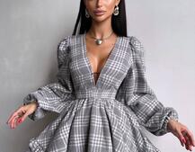 Сукня з подвійною спідницею та обʼємними рукавами у клітинку  | PUSHKA SHOP