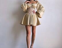 Атласна сукня з обʼємними рукавами та мереживом Атласна сукня з обʼємними рукавами та мереживом | PUSHKA SHOP