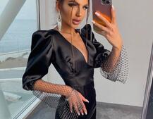 Атласна сукня, декорована сіткою зі стразами | PUSHKA SHOP