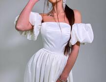 Атласное платье макси с объемными рукавами   | PUSHKA SHOP