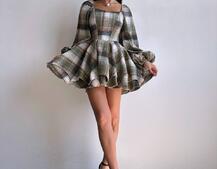 Корсетна сукня з подвійною спідницею та обʼємними рукавами у клітинку  | PUSHKA SHOP