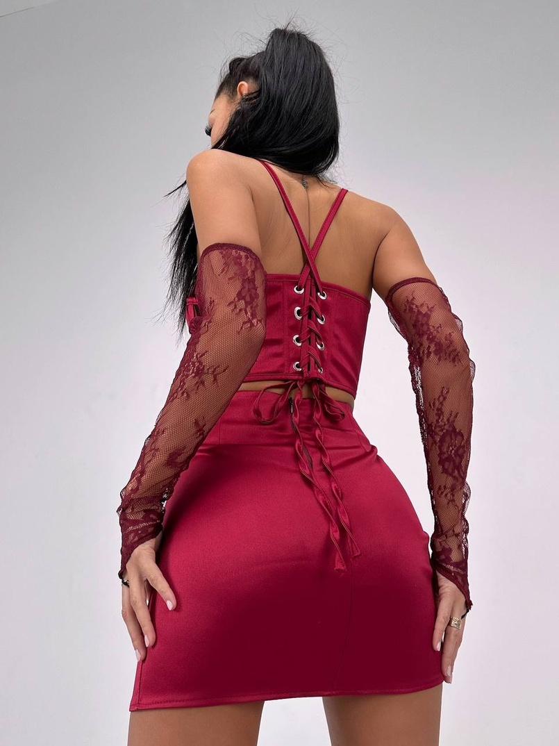 Комплект: корсет, декорований мереживом   + рукавички+ спідниця міні з драпіруванням   | PUSHKA SHOP