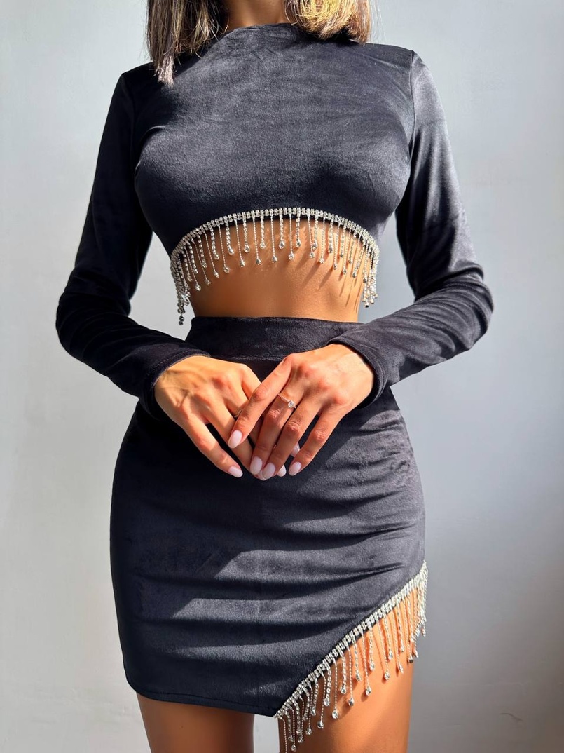 Оксамитовий комплект, декорований бахромою зі страз | PUSHKA SHOP