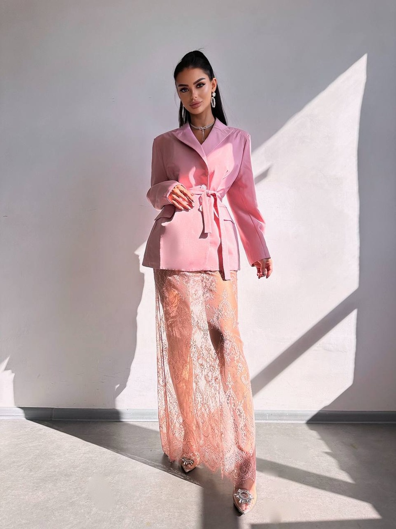 Комплект: піджак + блуза з баской + мереживна спідниця-шорти  | PUSHKA SHOP