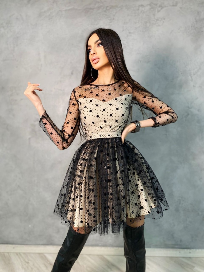 Платье мини в горох с пышной юбкой  Платье мини в горох с пышной юбкой  | PUSHKA SHOP