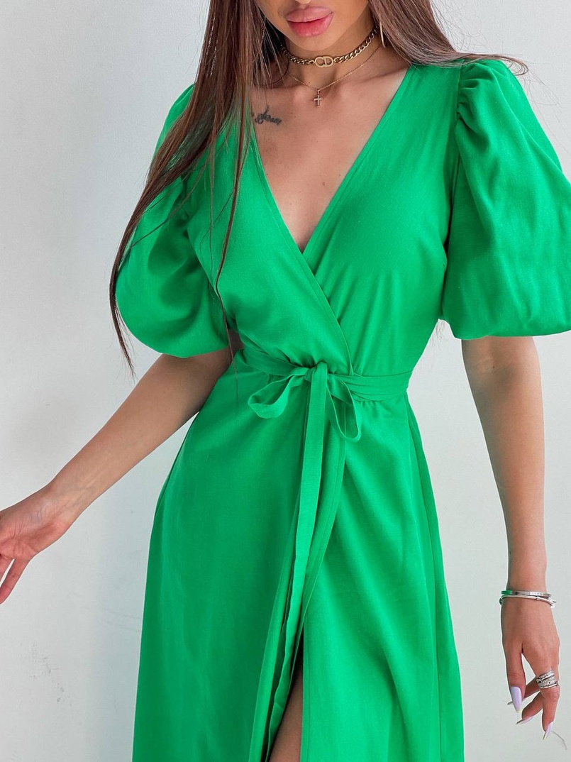 Льняное платье-миди с запахом и объемными рукавами  | PUSHKA SHOP