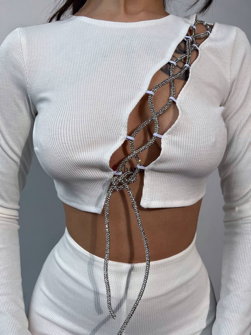 Комплект : штани кльош і топ декорований шнурком зі стразами  | PUSHKA SHOP