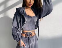 Велюровий комплект трійка: кофта + корсет з чашечками + джогери  | PUSHKA SHOP