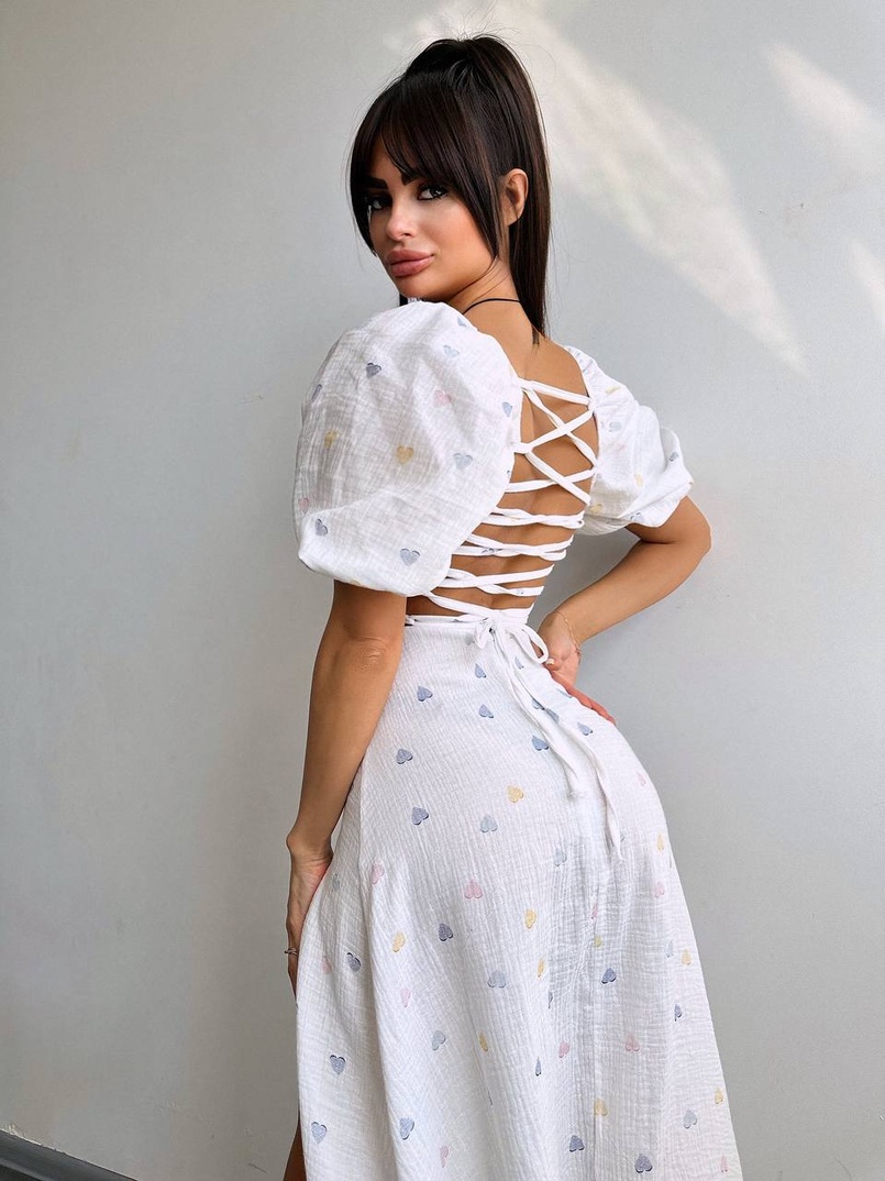 Сукня -міді зі шнурівкою на спинці та розрізом на ніжці з принтом Сукня -міді зі шнурівкою на спинці та розрізом на ніжці з принтом | PUSHKA SHOP