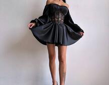 Атласна сукня з обʼємними рукавами та мереживом | PUSHKA SHOP