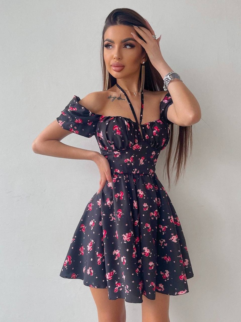 Платье с завязками на груди в цветочный принт | PUSHKA SHOP