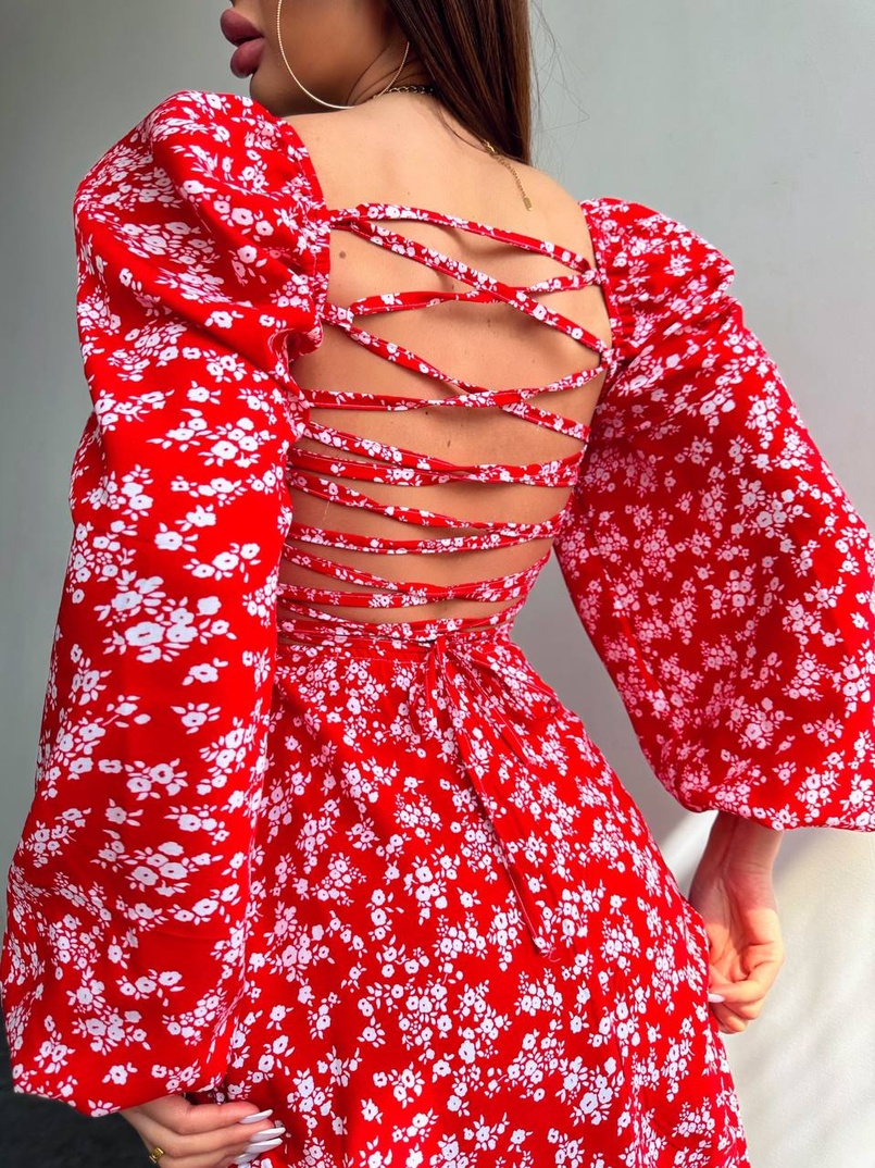 Квіткова сукня-міді зі шнурівкою на спинці та розрізом на ніжці | PUSHKA SHOP