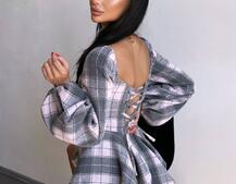 Корсетна сукня з подвійною спідницею та обʼємними рукавами у клітинку Корсетна сукня з подвійною спідницею та обʼємними рукавами у клітинку | PUSHKA SHOP