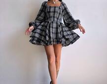 Корсетна сукня з подвійною спідницею та обʼємними рукавами у клітинку  | PUSHKA SHOP